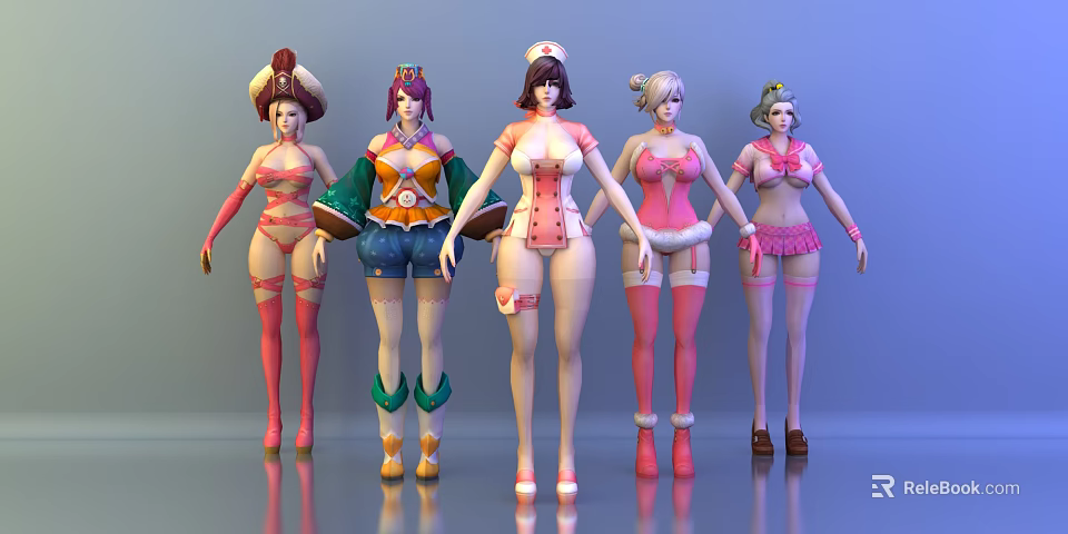 Five Female Game and Movie Characters in Colorful Outfits with Diverse Styles 3d model 