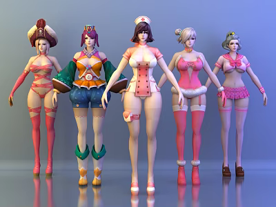 Five Female Game and Movie Characters in Colorful Outfits with Diverse Styles 3d model