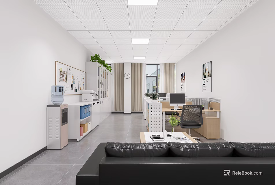 Modern Office Interior Design With Work Desk Computer Sofa Green Plants And Bookshelf 3d model