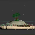 Tropical Circular Island Scene With Blue Water Tree Small Boat Coral Small Plants And Rocks