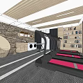 Modern Fitness Gym Interior With Treadmills Wooden Walls And Carpeted Workout Area