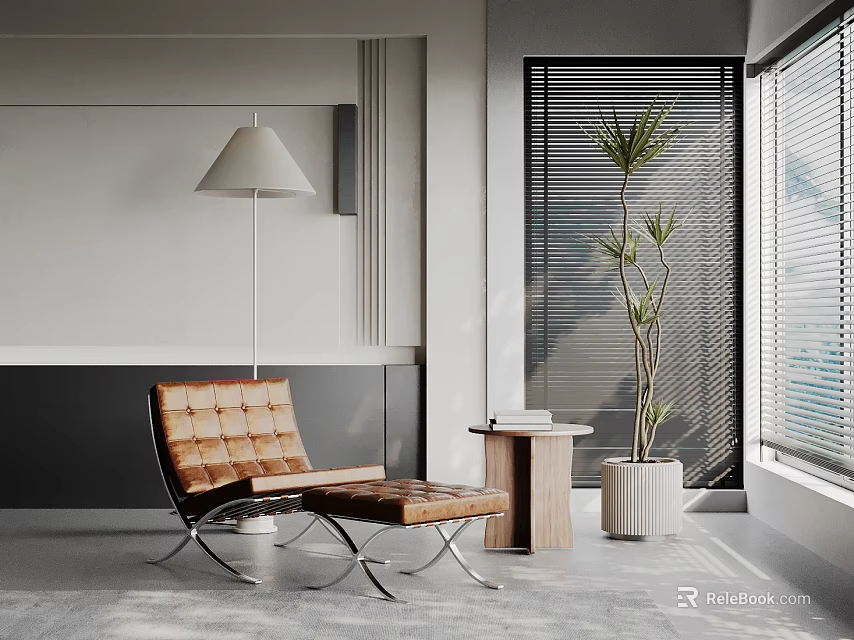 Modern Brown Leather Leisure Chair With Metal Legs Side Table Floor Lamp And Potted Plant 3d model 