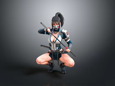 Female Ninja Warrior In Combat Outfit Holding Swords In Crouched Pose 3d model