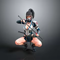 Female Ninja Warrior In Combat Outfit Holding Swords In Crouched Pose