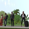 Group of People Standing Outdoors with Luggage Under Blue Sky and Greenery