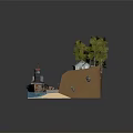Cartoon Scene Featuring Old Boat With Chimney Small House Trees Tunnel Water And Grass