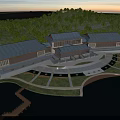 Aerial Planning of Modern Traditional Buildings With Waterfront Green Spaces and Trees