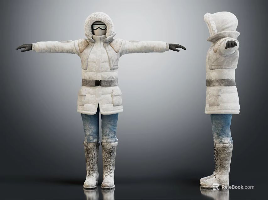 White Winter Coat Outfit With Hood Goggles Belt Jeans And Boots Front Back Views 3d model 