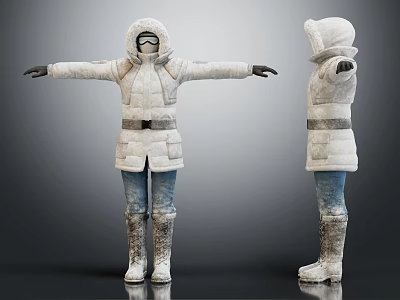 White Winter Coat Outfit With Hood Goggles Belt Jeans And Boots Front Back Views 3d model