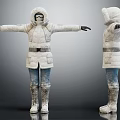 White Winter Coat Outfit With Hood Goggles Belt Jeans And Boots Front Back Views