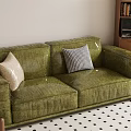Green Velvet Two Seater Sofa With Beige And Plaid Cushions Wooden Legs And Checkered Rug
