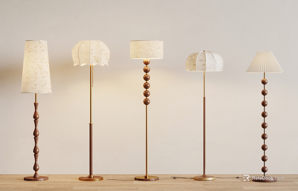 Floor Lamps With Different Designs Fabric Shades And Wooden Metal Poles For Modern Home Decor 3d model 