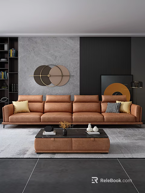 Brown Leather Sectional Sofa With Throw Pillows Coffee Table And Gray Wall Art 3d model