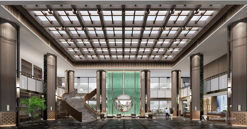 Reception Area in Luxurious Lobby with Glass Skylight Green Feature Wall and Columns 3d model 