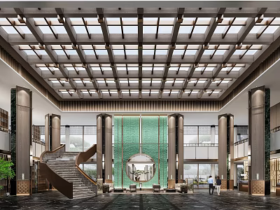 Reception Area in Luxurious Lobby with Glass Skylight Green Feature Wall and Columns 3d model