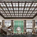 Reception Area in Luxurious Lobby with Glass Skylight Green Feature Wall and Columns