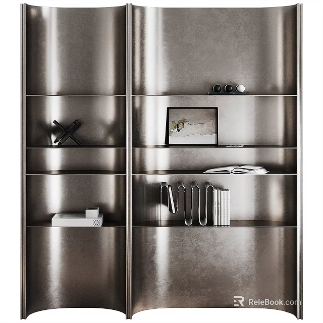 Modern Metallic Storage Shelf Unit With Layered Shelves And Decorative Items 3d model 