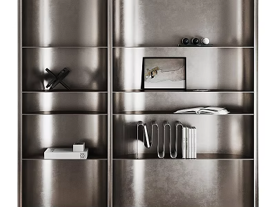 Modern Metallic Storage Shelf Unit With Layered Shelves And Decorative Items 3d model