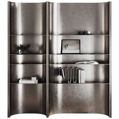 Modern Metallic Storage Shelf Unit With Layered Shelves And Decorative Items 3d model