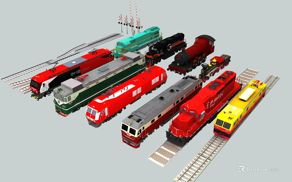 Various Colored Train Models Featuring Red Green Black Yellow Designs And Rail Tracks Signal Lights 3d model 