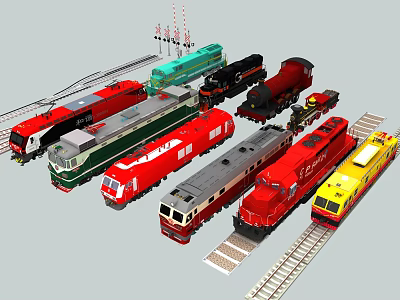 Various Colored Train Models Featuring Red Green Black Yellow Designs And Rail Tracks Signal Lights 3d model