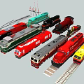 Various Colored Train Models Featuring Red Green Black Yellow Designs And Rail Tracks Signal Lights