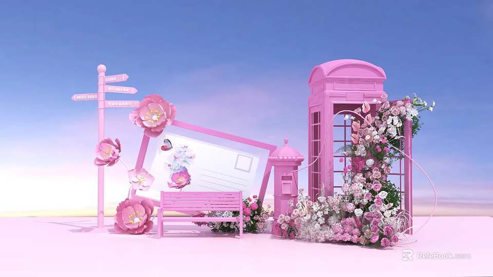 Pink Art Installation With Telephone Booth Signpost Frame Bench And Flowers 3d model 