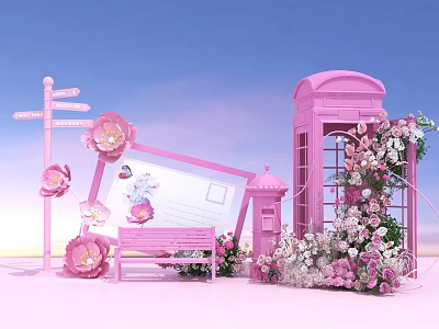 Pink Art Installation With Telephone Booth Signpost Frame Bench And Flowers 3d model