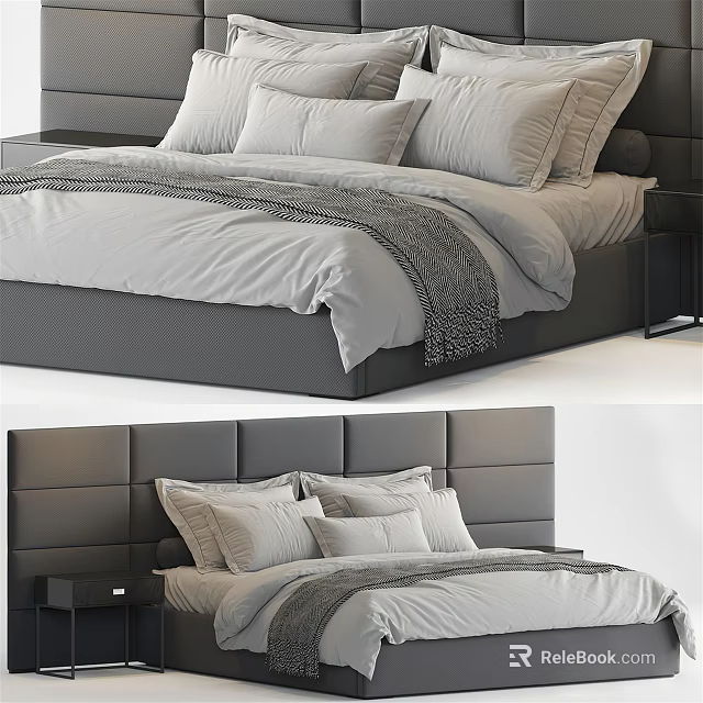 Modern Double Bed With Gray Bedding Pillows Upholstered Headboard And Nightstand 3d model