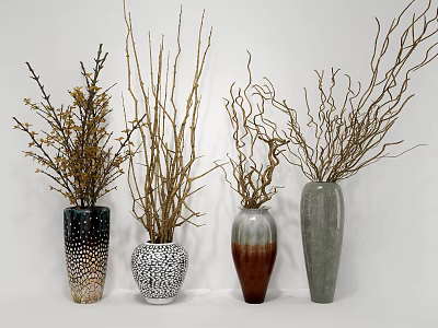 Decorative Ceramic Vases With Dried Branches And Textured Patterns For Home Decor 3d model
