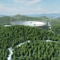 Large Radio Telescope With Circular Dish Antenna Surrounded By Forest Trees