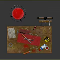Wooden Workbench With Red Toolbox Hammer Screwdriver Orange Tool Blue Bottle And Metal Bucket