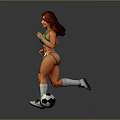 Active Female With Long Hair In Green Bikini Running With Soccer Ball On Gray Background