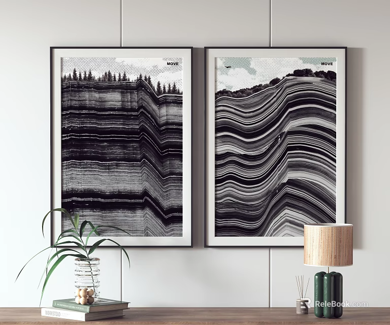 Black And White Abstract Art Prints As Wall Decor In Interior 3d model