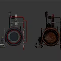 Blue And Brown Cylindrical Industrial Equipment With Pipes Control Panels And Metal Frames