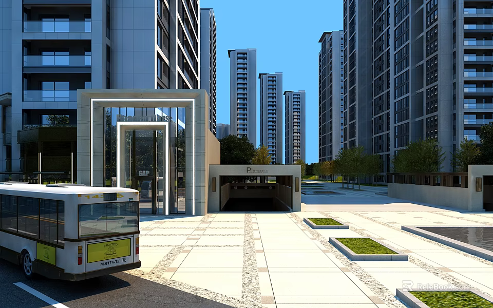 High Rise Residential Buildings With Modern Design Entrance Area Bus Access Spacious Plaza Green Plants 3d model 