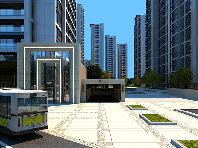 High Rise Residential Buildings With Modern Design Entrance Area Bus Access Spacious Plaza Green Plants 3d model