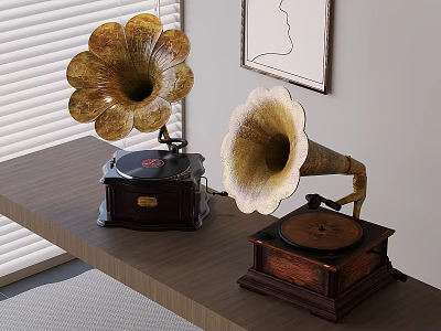 Vintage Phonographs as Musical Instruments with Wall Art on Wooden Table and Window Blinds Background 3d model