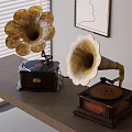 Vintage Phonographs as Musical Instruments with Wall Art on Wooden Table and Window Blinds Background