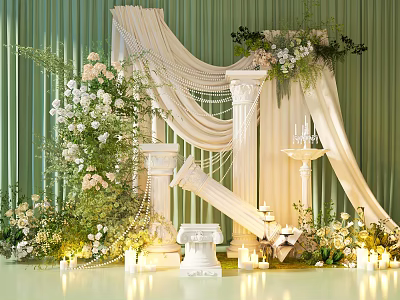 Elegant Floral Installation With Green Backdrop White Drapery Columns And Candles 3d model