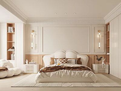 Elegant Bedroom Interior With Upholstered Headboard Decorative Wall Paneling And Wall Sconces 3d model