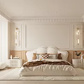 Elegant Bedroom Interior With Upholstered Headboard Decorative Wall Paneling And Wall Sconces