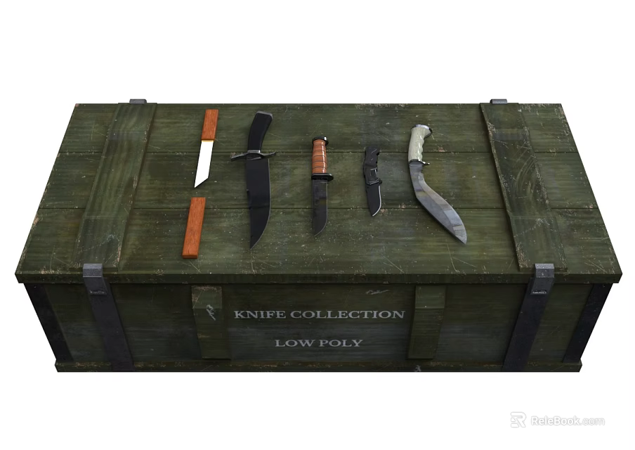 Various Knives As Weapon Collection Displayed On Wooden Crate In Low Poly Style 3d model 