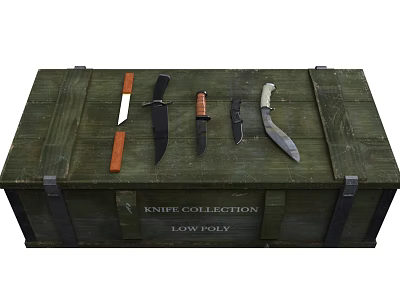Various Knives As Weapon Collection Displayed On Wooden Crate In Low Poly Style 3d model