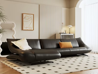 Black Sectional Sofa With White and Orange Pillows In Modern Living Room With Dot Rug 3d model