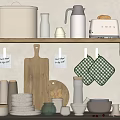 Stylish Kitchenware On Wooden Shelf Featuring Toaster Thermos Green Checkered Pot Holders And Plates