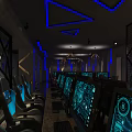 Modern Cyber Cafe Interior With Blue Lighting Black Metal Partition Computers Tables And Green Plants