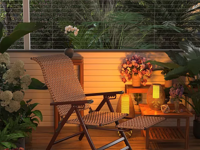 Relaxing Outdoor Wicker Chair on Cozy Patio with Green Plants Flowers Lanterns and Side Table 3d model