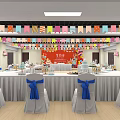 Meeting Room Decorated With Colorful Banners Long Tables Cake And Drinks