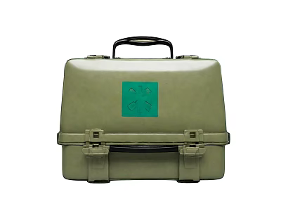 Sturdy Green Case Featuring Black Handle Green Label And Metal Clasps 3d model